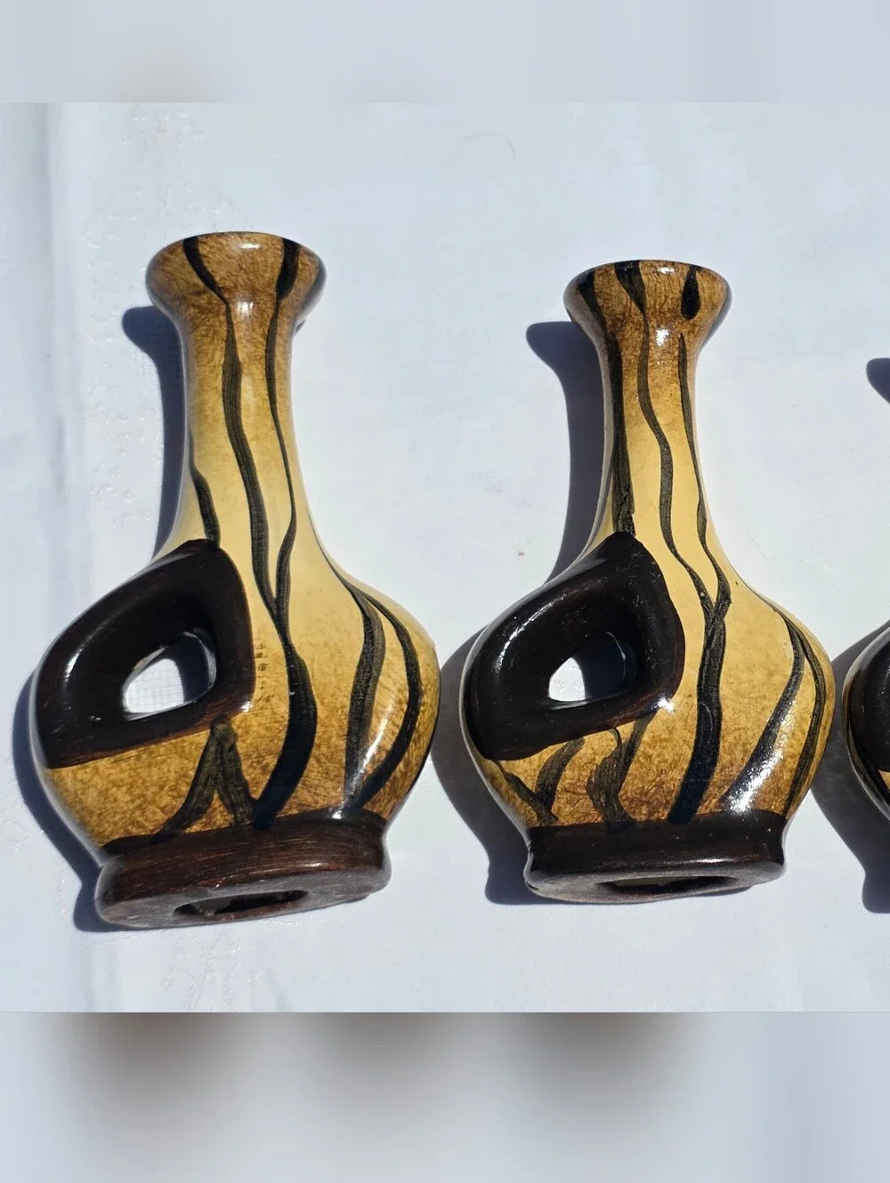 VTG Mid-Century Modern Yellow & Black Pierced Ceramic Candlestick Trio - As Is